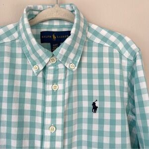 Polo Ralph Lauren Boys 4T Aqua Gingham Checkered Button-Down Shirt Linen Cotton
